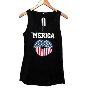 Saukole Merica Tank Top USA American Flag Lips Graphic Black Size Small